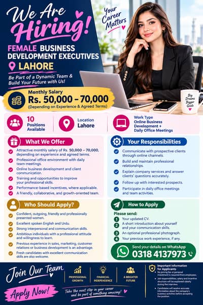  FEMALE BUSINESS DEVELOPMENT EXECUTIVES REQUIRED — LAHORE 