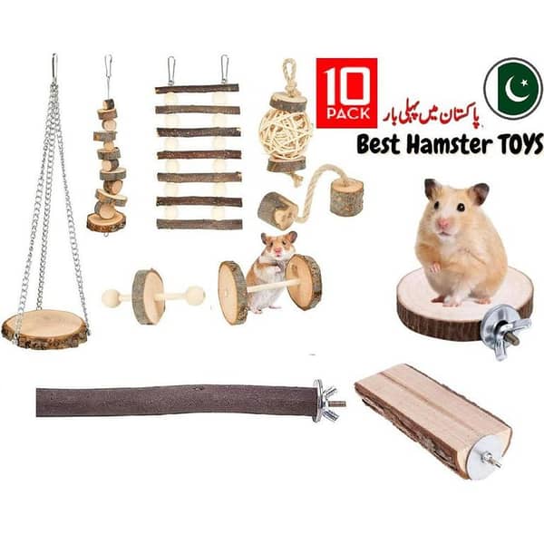 Hamster Toys 10 pack Chew Toys, Natural Wooden hamster Rats Chinchillas Toys Accessories Exercise Bell Roller Teeth Care Toy for Bunny Rabbits