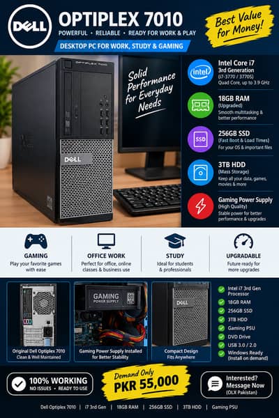 Dell OptiPlex 7010 Core i7 3rd Gen | 18GB RAM | 3TB HDD + 256GB SSD