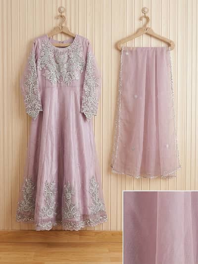 Beautiful Lilac Party Wear Maxi with Heavily Embroidered Dupatta
