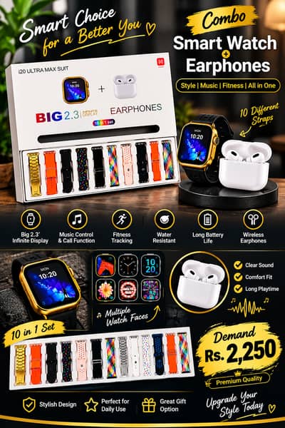 i20 Ultra Max Smart Watch and Wireless Earbuds 10 in 1 Combo