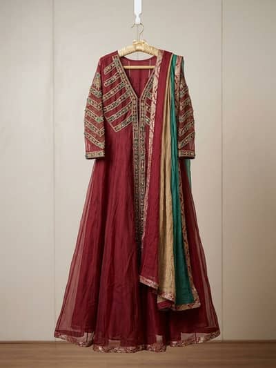 Deep Maroon Embroidered Bridal/Formal Maxi with Tri-Color Dupatta