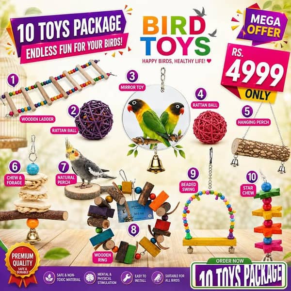 UK BIRD TOYS TOP 10 Packs Parrot natural wooden Chewing Toys - Hanging Bell Birds Cage Toys Suitable for all types of Parakeets, Cockatiel, Conures ,Finches ,Budgie ,Macaws, Love Birds