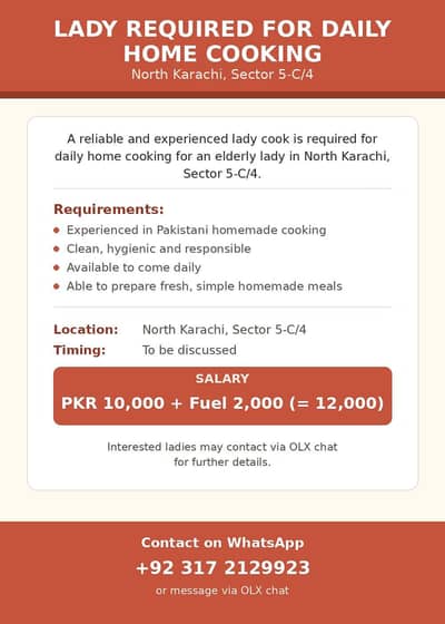 Lady required for daily home cooking for my mother