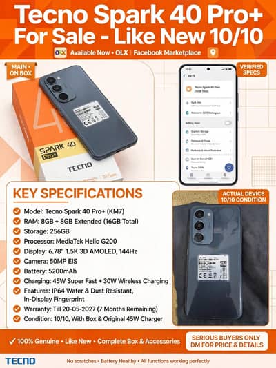 Tecno Spark 40 Pro Plus 7 Month Warranty Baqi Hain