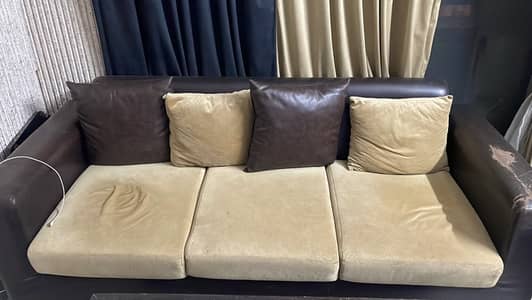 5 seater sofa (3+1+1) ,Table |Brown Leather with Beige Velvet Cushions