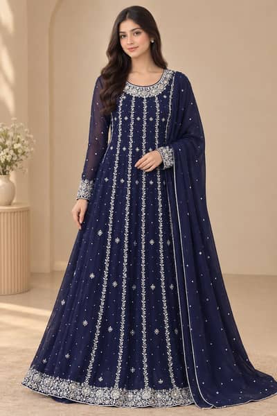 Long Full Flare Navy Blue Maxi with Silver Embroidery