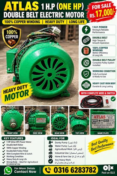 Atlas 1 HP Electric Motor – Double Belt, 100% Copper