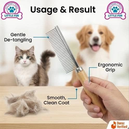 Pet Grooming Comb for Dogs & Cats – Stainless Steel Metal Teeth with Wooden Handle, Medium Size