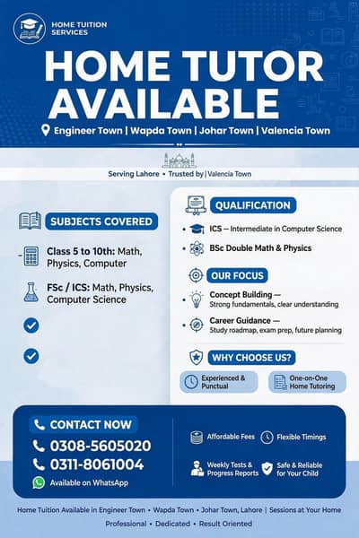 Home Tutor Available for Class 5 to FSc and ICs.