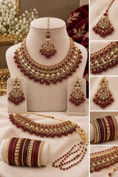Maroon Gold Bridal Jewellery Set – Wedding Necklace & Earrings
