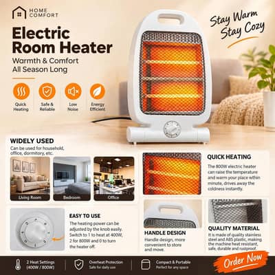 Electric Room Heater 800W - Quick Heating - Portable - Home & Office