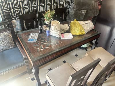 Wooden Dining Table with 6 Chairs – Glass Top