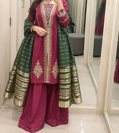 Magenta Embroidered 3-Piece Formal Suit with Green & Gold Dupatta