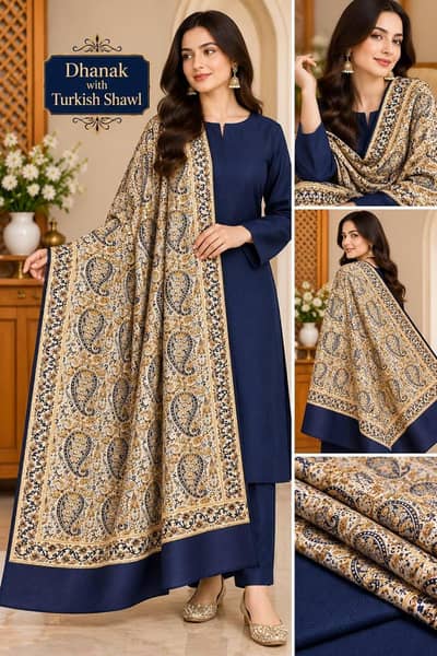 Winter Dhanak 3pc Dress With Embroidered  Shawl