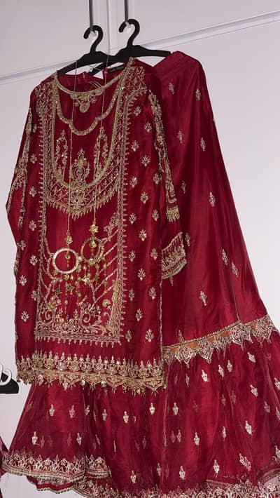 Ruby Red Minimal Bridal Dress (3 PC READY TO WEAR)
