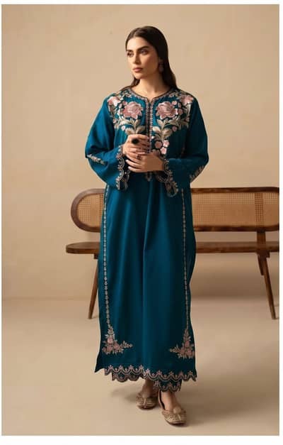 Luxury Silk Embroidary 2-piece Suit for Women's_Elegant Blue Dress