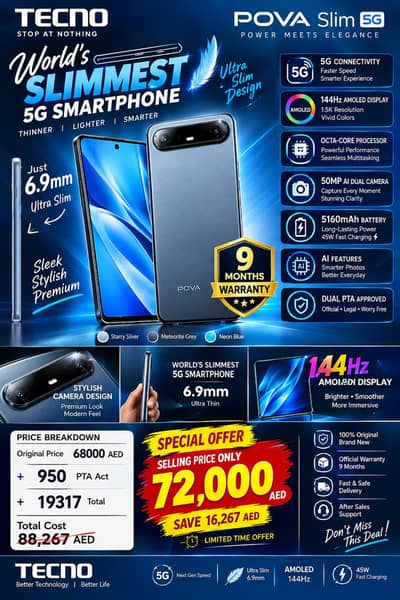 TECNO POVA Slim 5G | 256GB | PTA Approved | Warranty July 2027