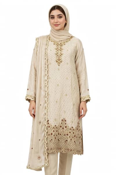 Cream Heavy Embroidered 3 piece party wear suit stiched