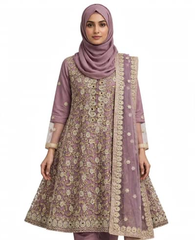Heavy Embroidered Net Frock 3Piece Onion Pink Colour