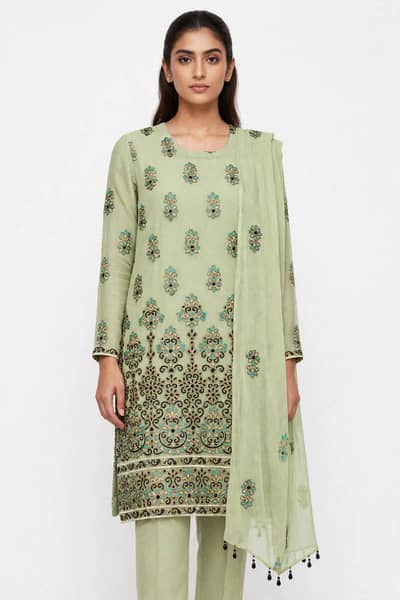 New pista Green Embroiderd 3 piece stiched suit.