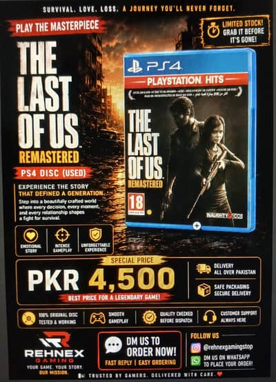 The Last Of Us Remastered PS4 Game disc - Used- In mint condition