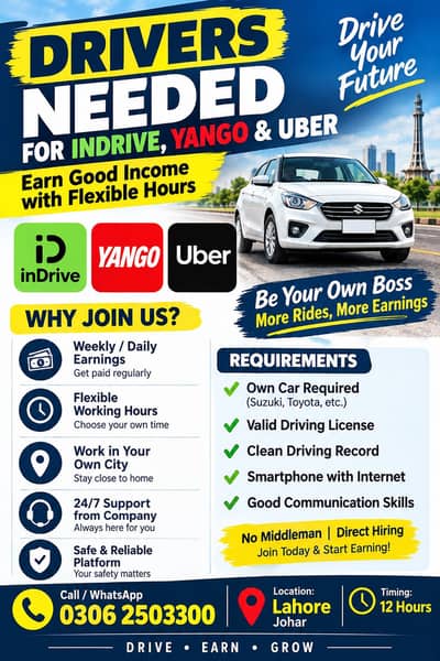 Drivers Required for InDrive, Yango & Uber – Lahore Johar Town