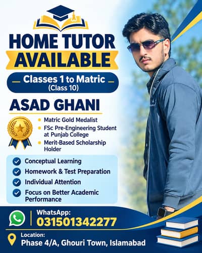 Experienced Home Tutor | Classes 1 to Matric | Ghouri Town