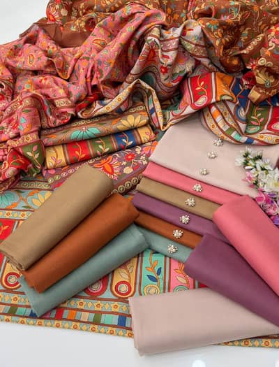 3 piece Self Jacquard Shirt, Trouser & Digital Printed Kalamkari Shawl