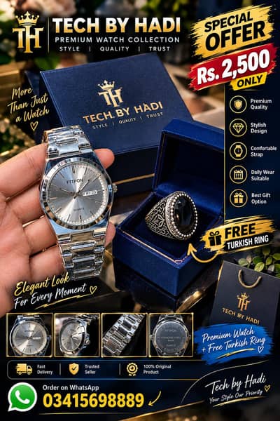Premium Men's Stylish Watch + FREE Turkish Ring Gift  Price: Rs. 2,500
