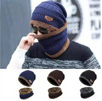 winter wool beanie And Neck Warmer Set blue brown black