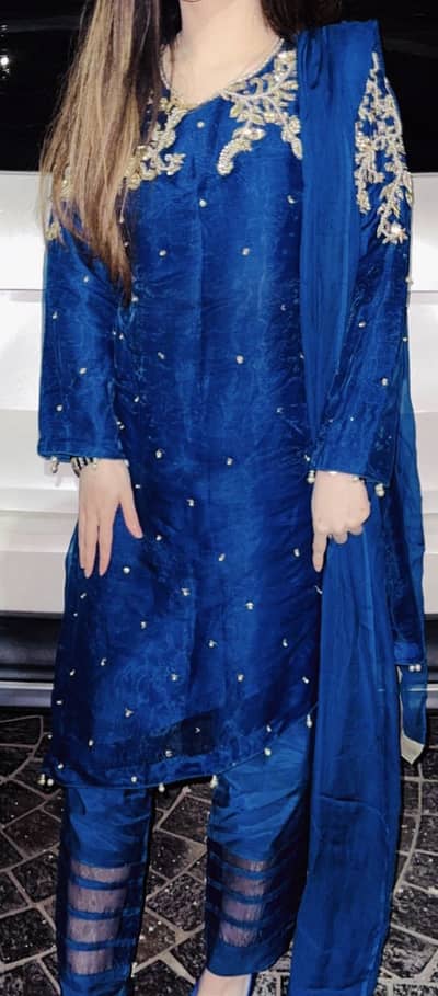 Blue Fancy 3 Pc Party Wear with Golden Embroidery & Pearl Work