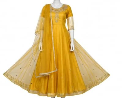 Mustard Yellow 3 Piece Eastern Dress - Net Frock, Trouser & Dupatta