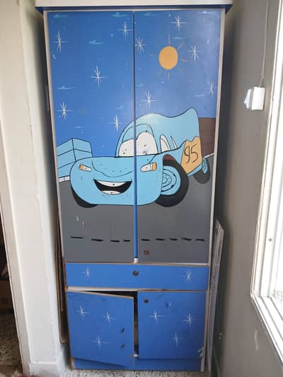 Kids Blue Cars Theme Wooden Wardrobe / Cupboard for Sale (Good Condit