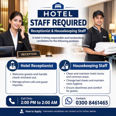 Hotel Staff Required – Receptionist & Housekeeping Staff | Jobs