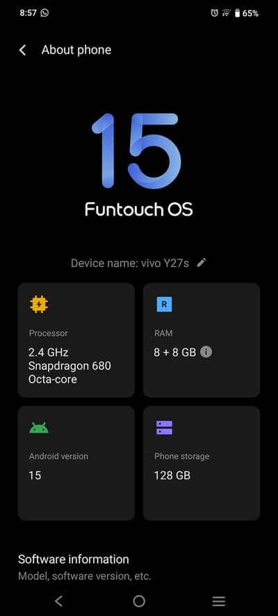 Vivo Y27s ram 8+8 gb memory 128gb android 15