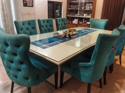 Premium 8-Person Dining Table Set with High-Back Cushioned Chairs