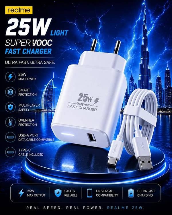 Realme 25W Light with Type-C Cable SuperVOOC Fast Charger Included | Ultra Fast Mobile Charging Adapter | Smart Multi-Layer Protection & Overheat Safety | Universal Compatibility USB-A Port Data Cable Compatible Wall Charger (Black)