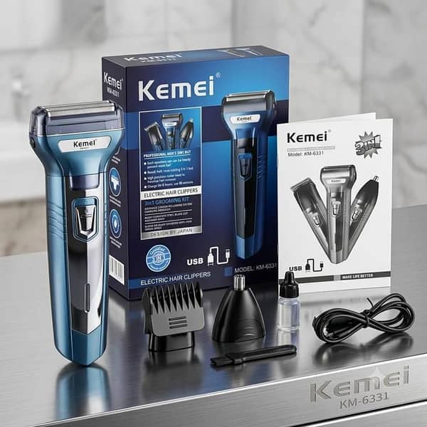 Kemei KM-6030 3 in 1 Professional Grooming Kit For Men - Rechargeable Shaving Machine, Hair Clipper, Beard & Nose Trimmer, Electric Cordless Shaver, Baal Katne Wali Machine, Khat Trimer Mashine - Blue & Black