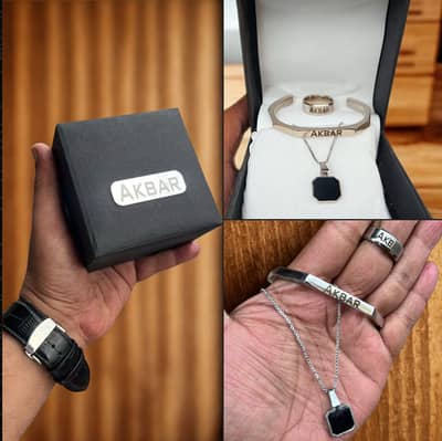 AKBAR Men’s Jewellery Gift Set – Ring, Bracelet & Pendant with Box