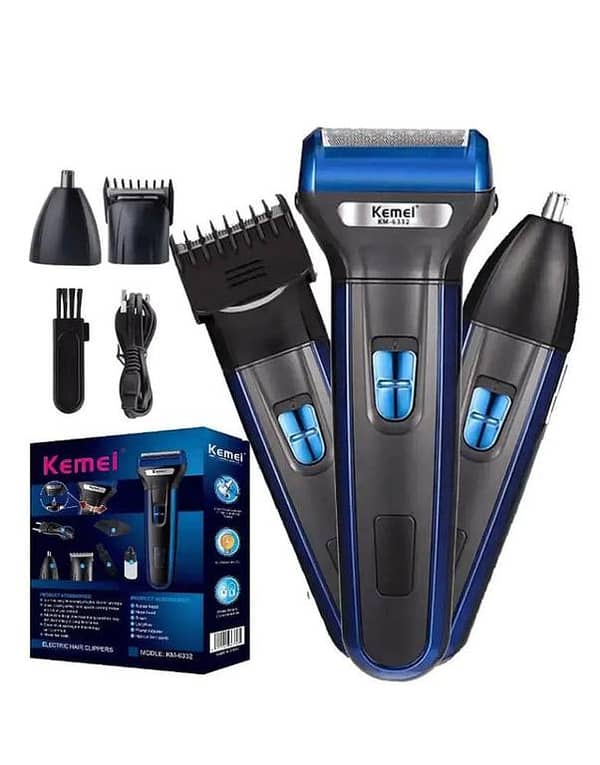 Original Kemei KM-6332 Professional 3-in-1 Grooming Kit - Rechargeable Men's Shaving Machine, Beard Trimmer, Hair Clipper & Nose Trimmer - All-in-One Personal Care Set"