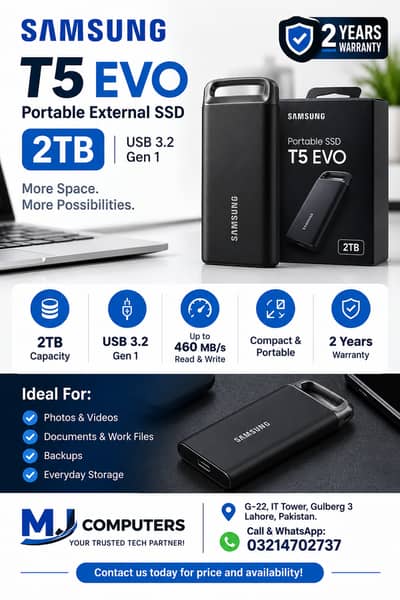 Samsung T5 EVO 2TB Portable External SSD USB 3.2 - 2 Years Warranty
