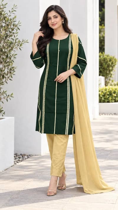 3 Pcs Women's Stitched Linen Gota Work Suit