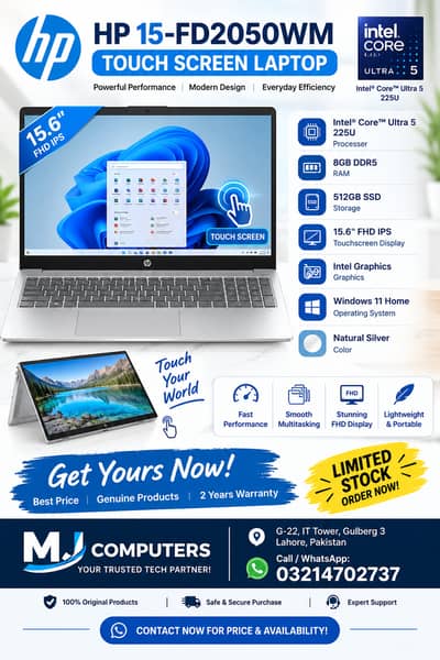 HP 15-FD2050WM Core Ultra 5 225U Touch Screen Laptop 8GB RAM 512GB SSD