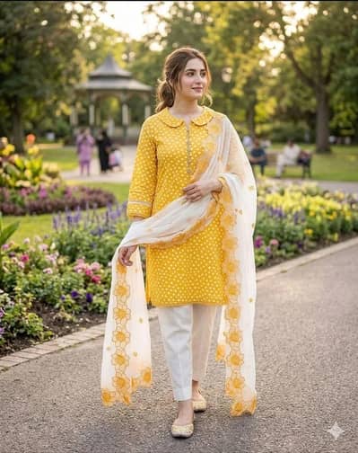 Beautiful 3 Pcs Yellow Stitched Suit with Cutwork Dupatta