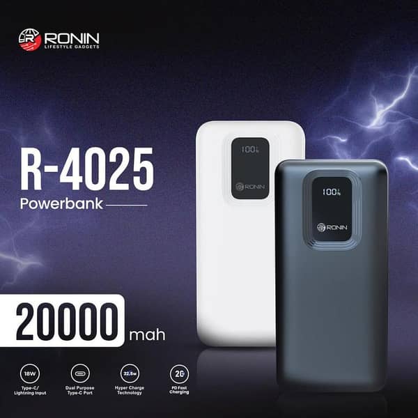 Original Ronin R-4025 Revive 20000mAh Power Bank | 22.5W Max Hyper Charge Fast Charging Powerbank With LED Digital Display & PD Type-C Input/Output