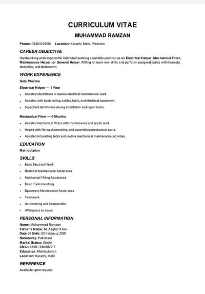 Electrician Helper / Electrical Maintenance Technician