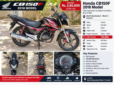 Honda CB150F 2018 Model – CBU Imported, Excellent Condition
