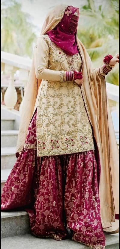 Beautiful Bridal gharara magenta and champagne gold