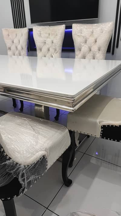 Luxury 8 Seater White Marble Dining Table Set with Stainless Steel Bas